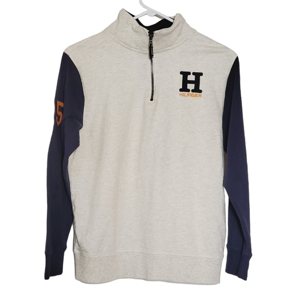 Tommy Hilfiger Boys 1/4 Zip Pullover Off White Blue Size L (16/18)